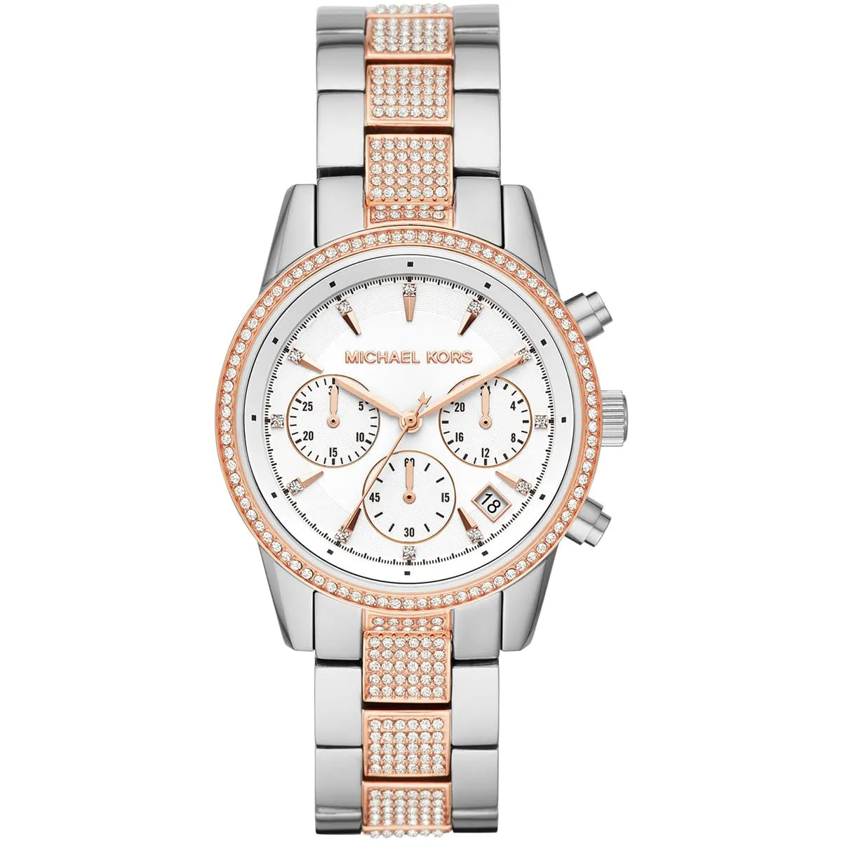 mk6651-michael-kors-watch-women-silver-dial-metal-stainless-steel-rose-gold-two-tone-strap-quartz-battery-analog-chronograph-ritz ساعة مايكل كورس للنساء MK6651 - الصورة 1