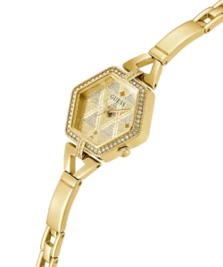 ⁦Guess GW0680L2 Women’s Gold Stainless Steel Watch – 28mm Hexagon Analog with Crystal Details⁩ - الصورة ⁦2⁩