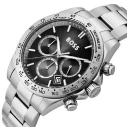 ⁦Hugo Boss Hero Men's Stainless Steel Watch 1514267 – Black Dial, Silver Strap, 43 mm⁩ - الصورة ⁦4⁩