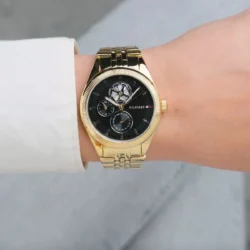 ⁦Tommy Hilfiger Monica 1782717 Women’s Quartz Watch – Gold Stainless Steel, Black Dial, 38mm⁩ - الصورة ⁦4⁩