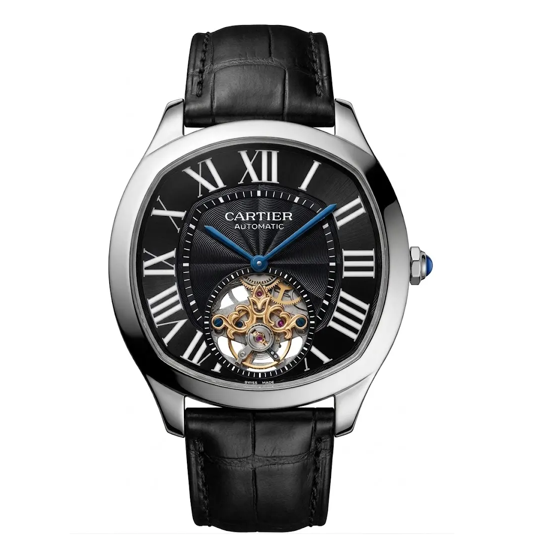 517826688896a415e59651f65_14803789_c_ffffff-000000-fefefe.png Cartier Drive 42mm Tourbillon Steel – Black Dial – Leather Strap - الصورة 1