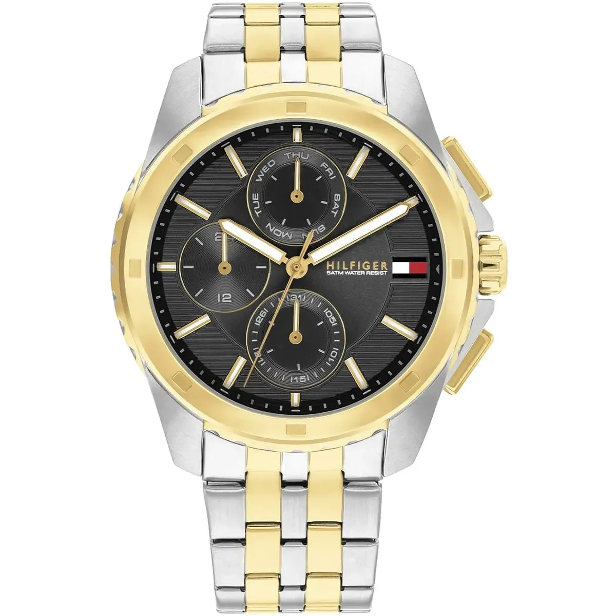 imgi_16_1710621-tommy-hilfiger-watch-5atm-water-resist-men-two-tone-black-dial-metal-stainless-steel-silver-gold-strap-quartz-analog-walker (1) ساعة تومي هيلفيغر للرجال 1710621 - الصورة 1