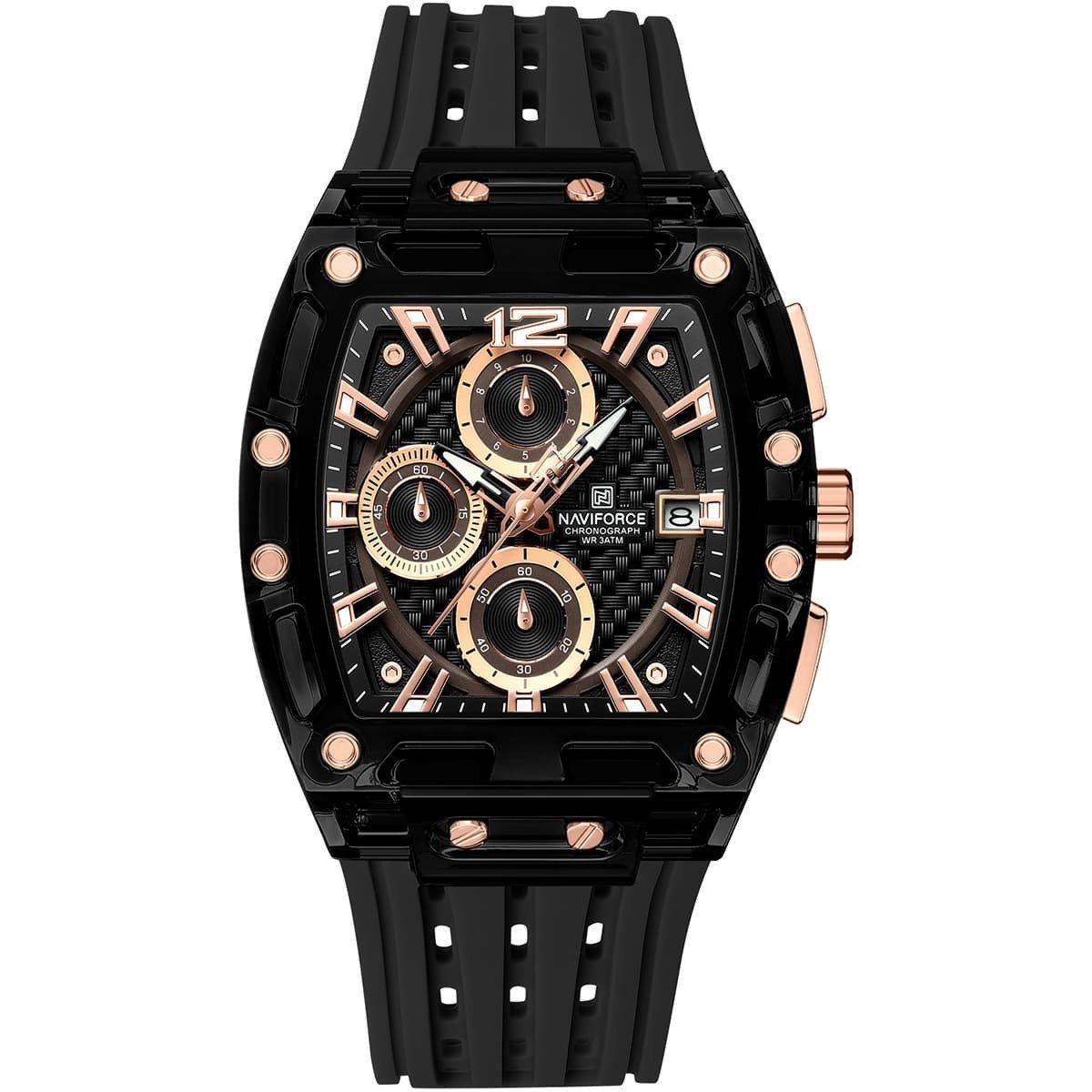imgi_16_nf7105-b-rg-b-naviforce-watch-chronograph-wr-3atm-men-black-dial-rubber-strap-quartz-battery-square-analog-for-dream ساعة نافي فورس للرجال NF7105-B-RG-B - الصورة 1