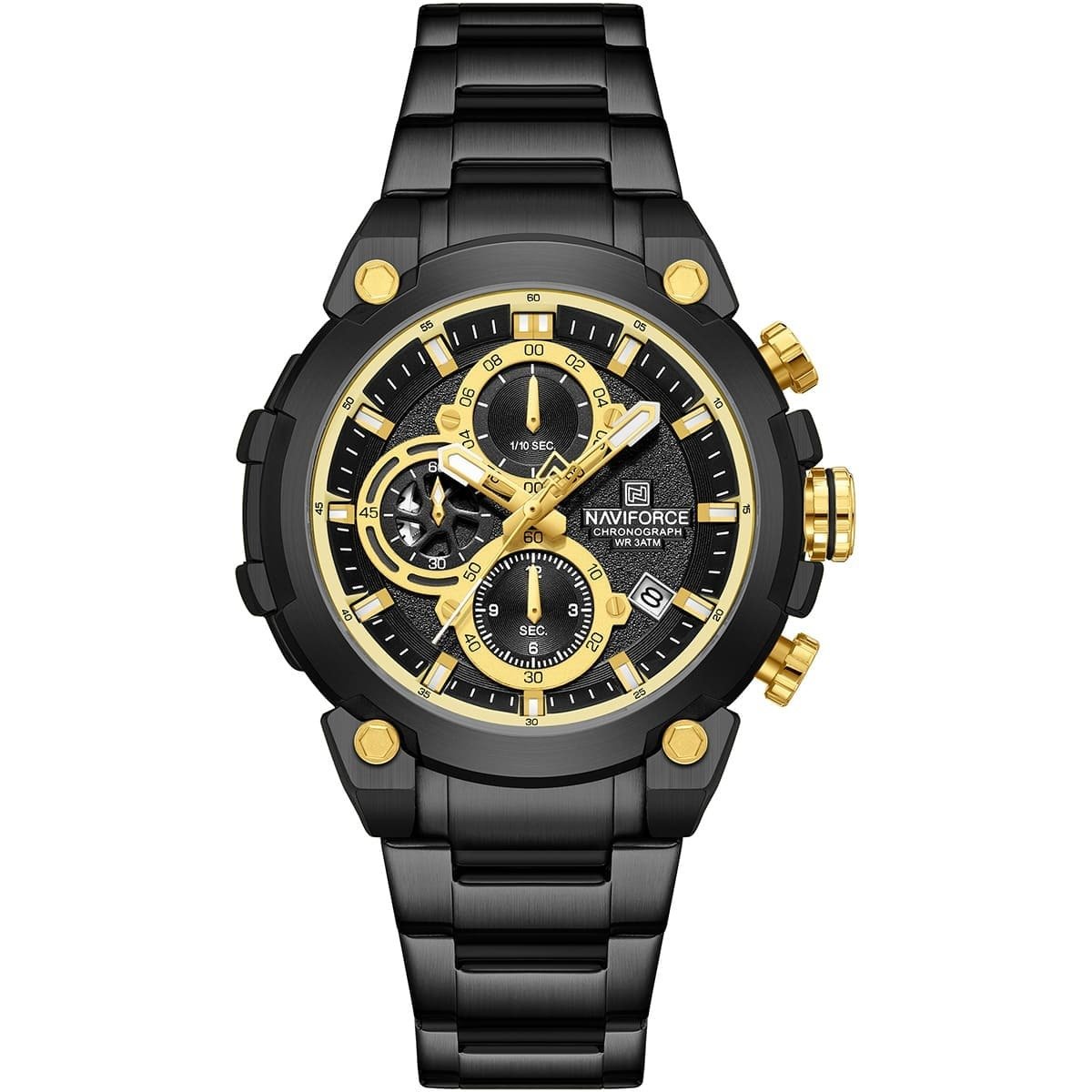 imgi_16_nf8071-b-g-b-naviforce-watch-chronograph-wr-3atm-men-black-dial-metal-stainless-steel-strap-quartz-battery-analog-for-dream ساعة نافي فورس للرجال NF8071-B-G-B - الصورة 1