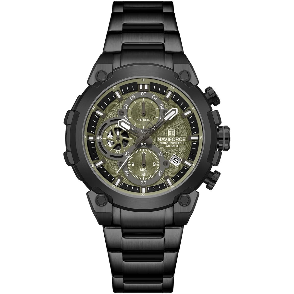 imgi_16_nf8071-b-gn-b-naviforce-watch-chronograph-wr-3atm-men-green-dial-metal-stainless-steel-black-strap-quartz-battery-analog-for-dream ساعة نافي فورس للرجال NF8071-B-GN-B - الصورة 1