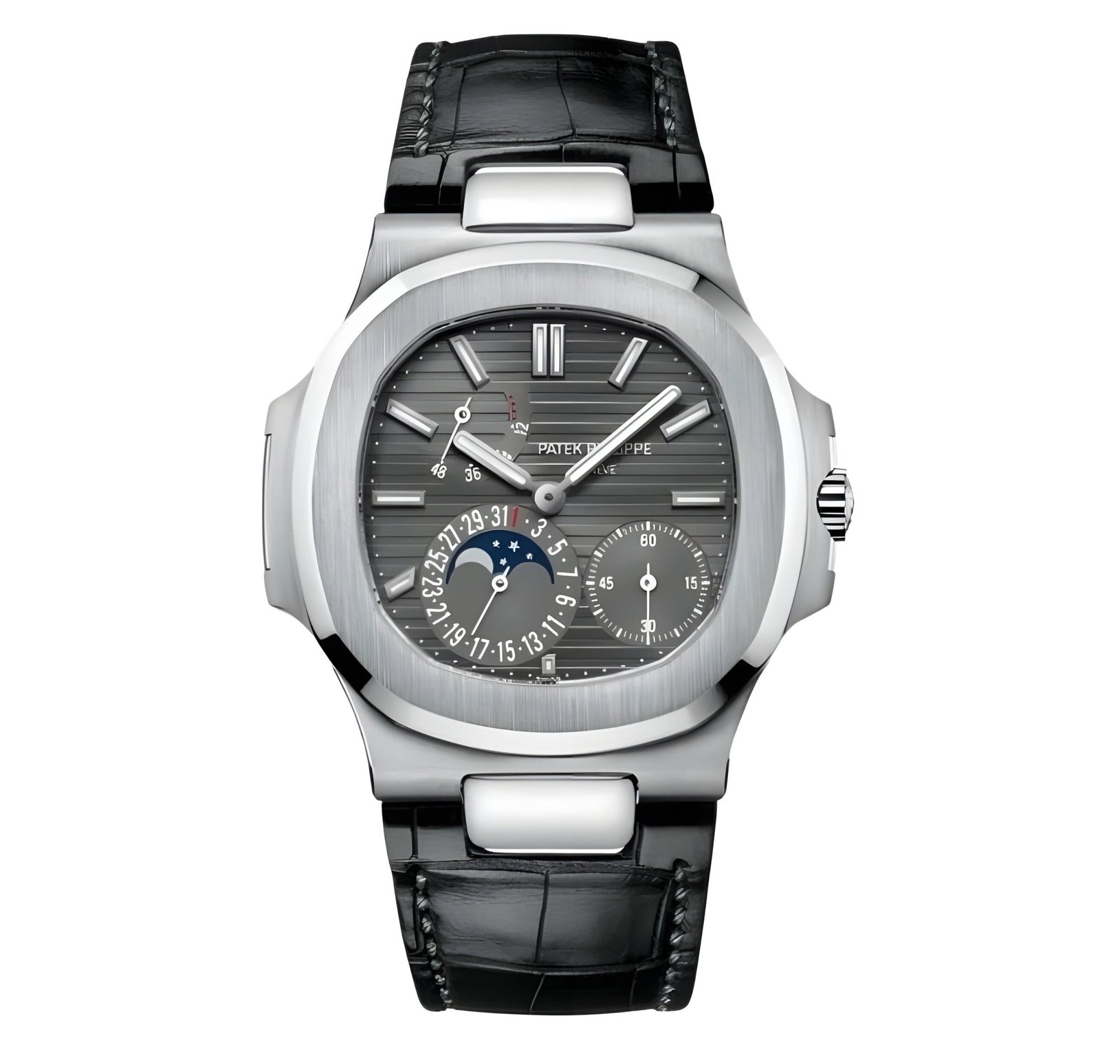 imgi_292-768x739_44625605-afcb-4edb-8642-cd50938a2429.jpg Patek Philippe Nautilus 5712G-001 Slate Gray Indices Moon Phase Black Matted Leather Straps - الصورة 1