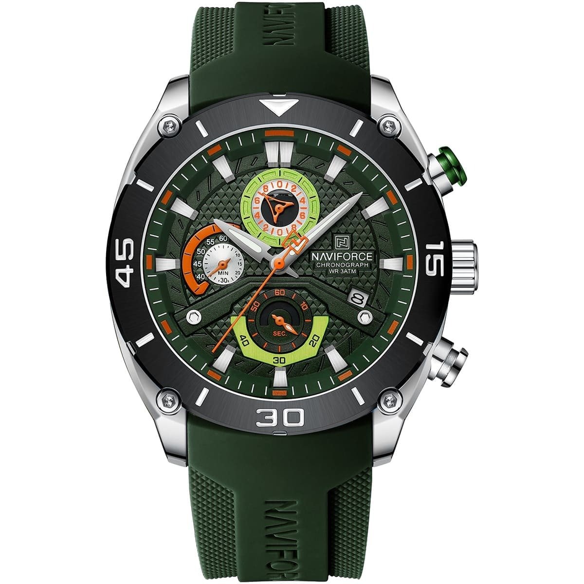 imgi_3_nf8038-s-gn-gn-naviforce-watch-chronograph-wr-3atm-men-green-dial-rubber-strap-quartz-battery-analog-for-dream ساعة نافي فورس للرجال NF8038-S-GN-GN - الصورة 1